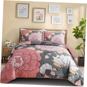 Floral Quilt Set Size, Grey and Pink Boho Flower Bedspread King Pink Grey - Picture 1 of 7