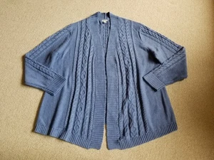 Womens Sweater-LL BEAN-blue 100% cotton cable knit open Fisherman cardigan ls-2X - Picture 1 of 4