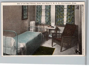 1910-20's BEDROOM ARMY NAVY Y.M.C.A. CHARLESTOWN MASSACHUSETTS POSTCARD - Picture 1 of 2