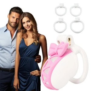 Chastity Cage Pink Ribbon Male Gay Escape Prevention Couple Lock Four Rings - Picture 1 of 15
