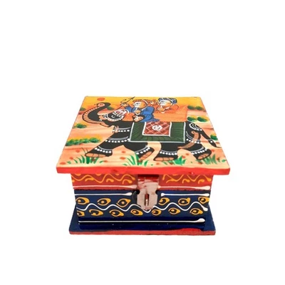 Handcrafted Unique Wooden Jewelry Box With Traditional Hand Paint Art On The Top - Image 1 of 4