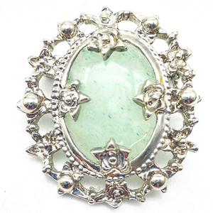 Vintage Brosche silberfarben mintgrün Cabochon oval floral - Bild 1 von 6