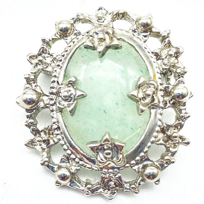 Broche floral ovalado cabujón verde menta vintage tono plata Foto 1 de 4