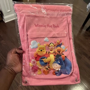 NWT Authentic Disney WINNIE THE POOH Fabric Cute Drawstring Backpack - Picture 1 of 6