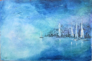 60er VINTAGE MCM ANN RUUGH BAKER GEMÄLDE ABSTRAKT HAFEN BOOTE MONTEREY CALIFORNI - Bild 1 von 8