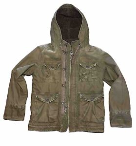Abercrombie Fitch Wilcox Green Military Jacket Hooded Faux Fur Size Large, HEAVY