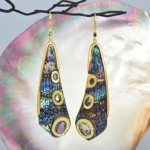 Dragonfly Wing Earrings Abalone Carving Gold Vermeil Sterling Emerald 11.24 g - Picture 1 of 12