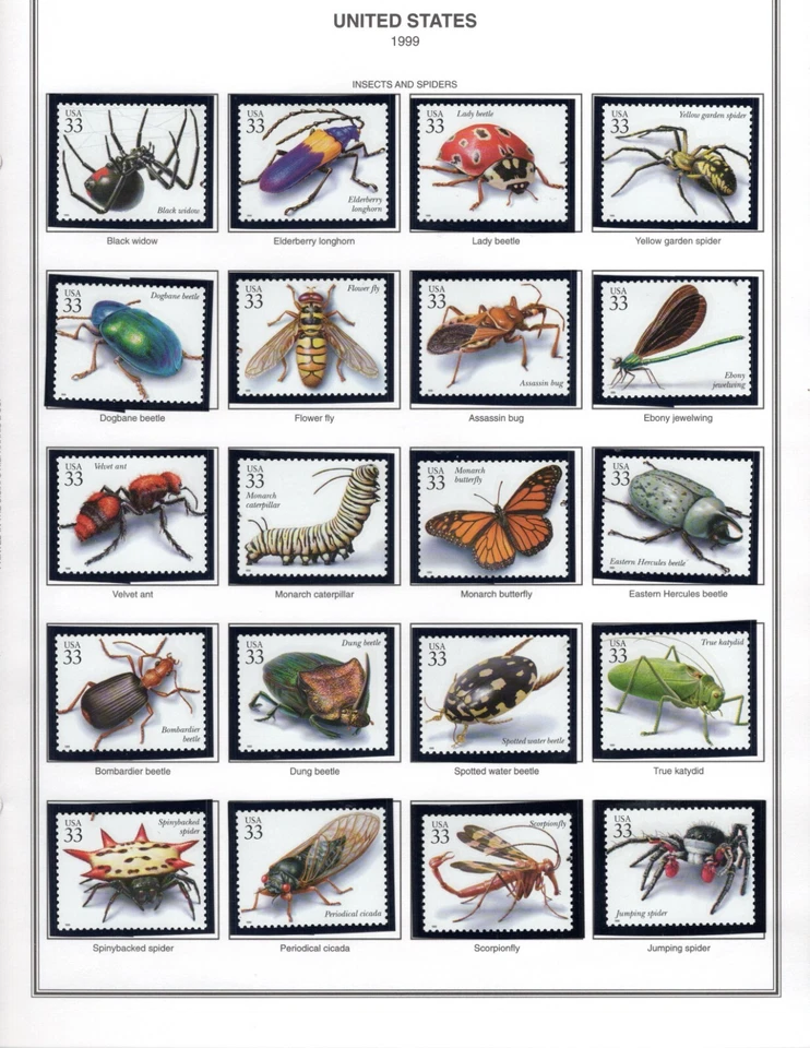 SC# 3351a-t, 1999--33c Insects and Spiders, Complete set of 20 Singles, M/NH - Image 1 of 1