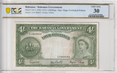 Bahamas 1953 4 Shillings Certified PCGS Banknote VF 30 Pick 13d - Image 1 of 2