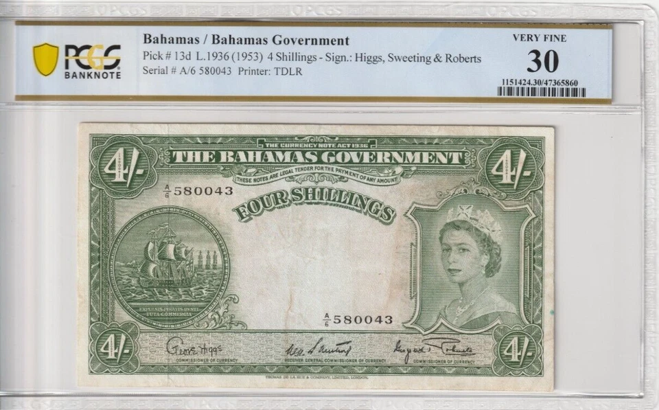 Bahamas 1953 4 Shillings Certified PCGS Banknote VF 30 Pick 13d - Image 1 of 2