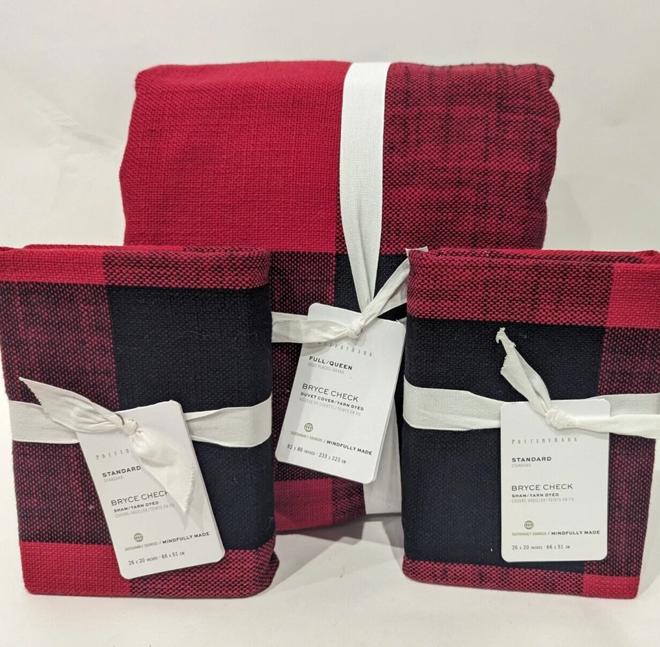 Пододеяльник Pottery Barn Bryce Buffalo Check FQ 2 стандартных наволочки красный черный, полный королевский - Изображение 1 из 1