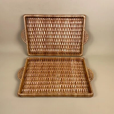 Pair Of Vintage Wicker Display Trays Tray Rectangle Brown Woven Rattan Boho - Image 1 of 4