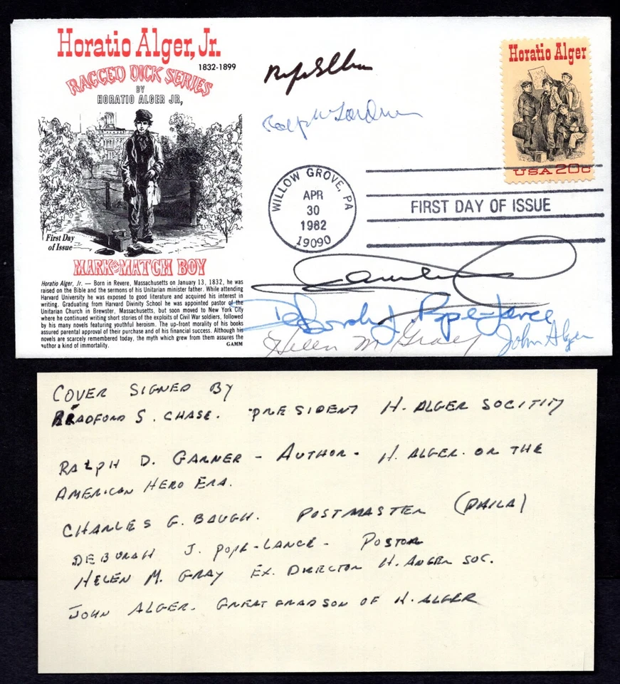 US 1982 AUTOGRAPHS ON HORATIO ALGER SOCIETY COVER BRADFORD S. CHASE PRESIDENT - Image 1 of 2