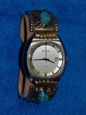 Vintage Bulova Swiss Automatic Watch Navajo Sterling Silver Turquoise Band Tips - Image 1 of 4