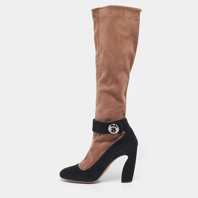 Prada BlackBeige Suede Knee Length Block Heel Boots Size 395 - Image 1 of 4