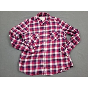 Sonoma Shirt Womens Large L Long Sleeve Button Snap Up Pockets Plaid Purple - Picture 1 of 12