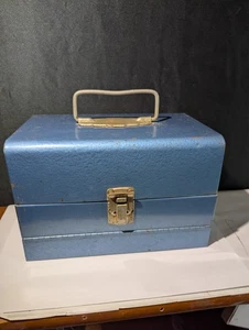 VINTAGE BLUE METAL TOOL BOX 8.5" X 5.5" X 5.5" WITH SLOTS, FRONT PANEL FOLDS OUT - Picture 1 of 11