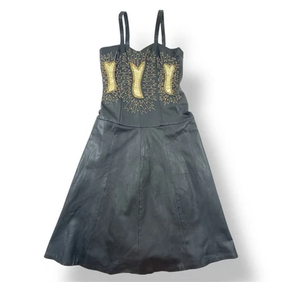 Vestido Corsé Vintage Cuero M Negro Dorado Adornado Gótico Cintura Caída Midi Foto 1 de 4