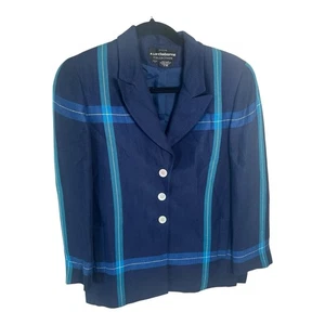 Liz Claiborne Vintage Navy Herringbone Plaid Blazer Jacket Linen Size 4 Petite - Picture 1 of 5