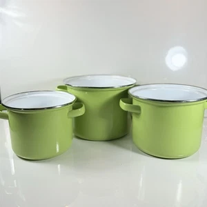 Olla de cocina vintage de acero verde lima esmaltada 3 piezas - Imagen 1 de 13