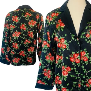 Vintage 100% Silk Red Roses Black Floral Print Pajama Top Button Front Blouse - Picture 1 of 5