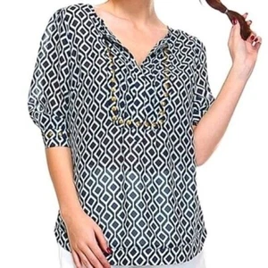 41 Hawthorn Geometric Print Sheer V-Neck Pullover 3/4 Sleeved Blouse size Large - Picture 1 of 4