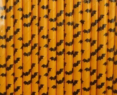 Halloween straws, orange with black bats, Paper Straws, pack of 15 - 0045 - Image 1 of 2