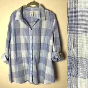 JMS Shirt Plus Size 2X Top Blouse 3/4 Roll-Tab Sleeves Plaid Blue White Casual - Picture 1 of 6