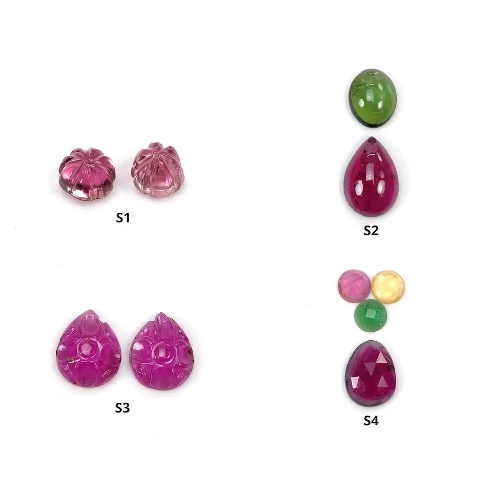 Natural Untreated Watermelon Tourmaline Gemstone Carving Cabochon & Rose Cut Set - Image 1 of 1