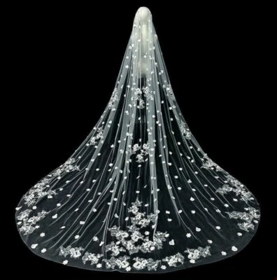 Velo de novia de boda 1 nivel longitud catedral encaje borde ondulado con apliques de peine Foto 1 de 4