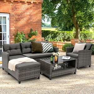 4PCS Patio Rattan Furniture Set Cushioned Loveseat Table Shelf Gray - Picture 1 of 10