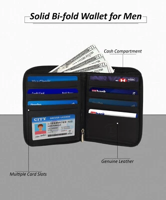 RFID Genuine Leather Mens Zipper Bifold Wallet Hipster Cowhide Credit Card Black - Image 1 of 4