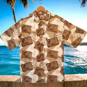 Roundtree & Yorke Hawaiian Camp Shirt Top Mens Size L Brown Cotton Palm Trees - Picture 1 of 7
