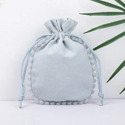 25 Pcs Drawstring Round Pom-Pom Light Gray Cotton Handmade Jewelry Organizer3x4" - Image 1 of 4