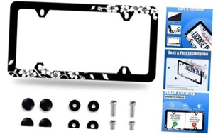 License Plate Frame Floral Flowers License Plate Black White Cherry Blossoms - Picture 1 of 8