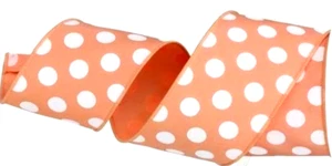 Peach White Polka Dots 2.5" x 2 yard Wired Ribbon Spring Summer Beach Party - Picture 1 of 4