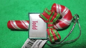 Ornament, Personal Name - TODD 3D Candy Cane Striped Bow Christmas Town Joyfull! - Picture 1 of 3