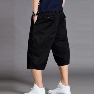 Men 3/4 Length Cargo Pants Shorts Baggy Casual Cotton Trousers Plus Size Solid - Picture 1 of 11