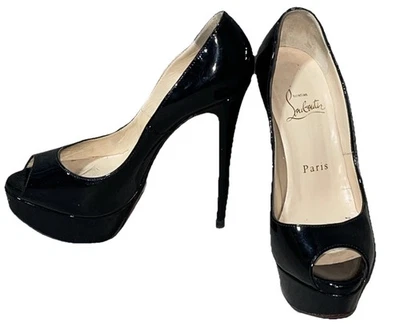 Christian Louboutin Lady Peep Black Patent Leather Pumps High Heels US 5 /EU 35 - Image 1 of 4