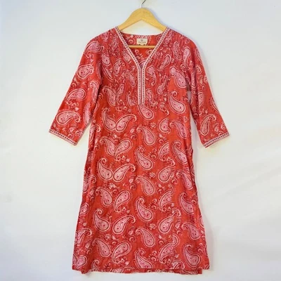 Vestido Kurta Anokhi Feminino Pequeno Estampa Paisley Vermelho Manga 3/4 Terroso Étnico Folclórico - Imagem 1 de 4