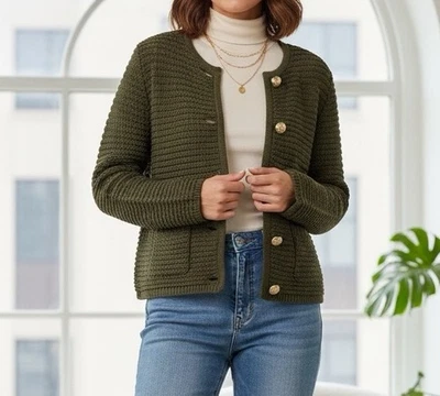 Talbots Petite Olive Green Textured Knit Cardigan Sweater w/Gold Buttons Size MP - Image 1 of 4
