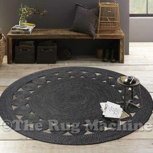 Bangle Black Flower Braided Natural Jute Round Floor Rug 140x140cm **NEW** - Picture 1 of 3