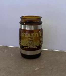 Vintage Seattle Amber Brown Glass Barrel Glass Mug Wood Handle Space Needle - Picture 1 of 12