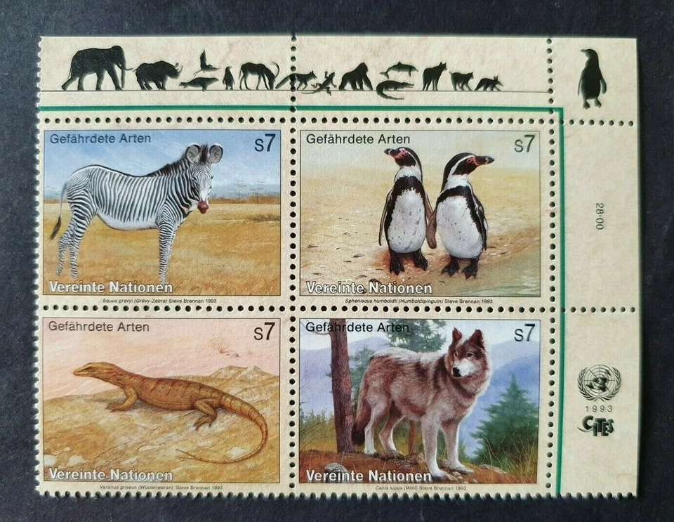 1993 UNITED NATIONS WIEN SET ENDANGERED ANIMALS PENGUIN ZEBRA FOX VF MNH - Image 1 of 1