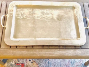 SOLID BRASS LARGE TRAY:  30.5 x 18" WITH HANDLES; RICH COLOR, VINTAGE PATINA EVC - Picture 1 of 9