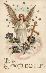  Easter Angel in Clouds Gold Embossed cross wings Postcard - Picture 1 of 2