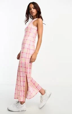 Предметы женщин эксклюзивный сетки стороны разрез миди платье в розовый и оранжевый чек RRP £32 - Изображение 1 из 2