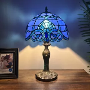 Tiffany Style Table Lamp Blue Stained Glass Baroque Style LED Bulb 12"W*19'H - Picture 1 of 6