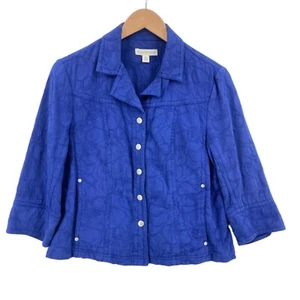 Coldwater Creek Blazer Jacket Womens Petite 12P Blue Embroidered Floral Pockets - Picture 1 of 17