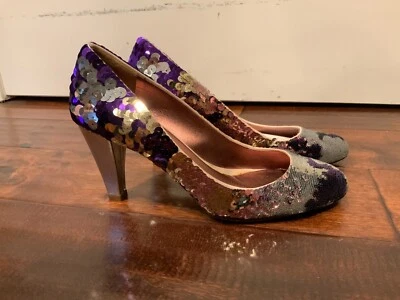 Miu Miu Purple & Silver Sequined Round Toe Pumps Heels, Size 38 (IT) 8 (US) - Image 1 of 4